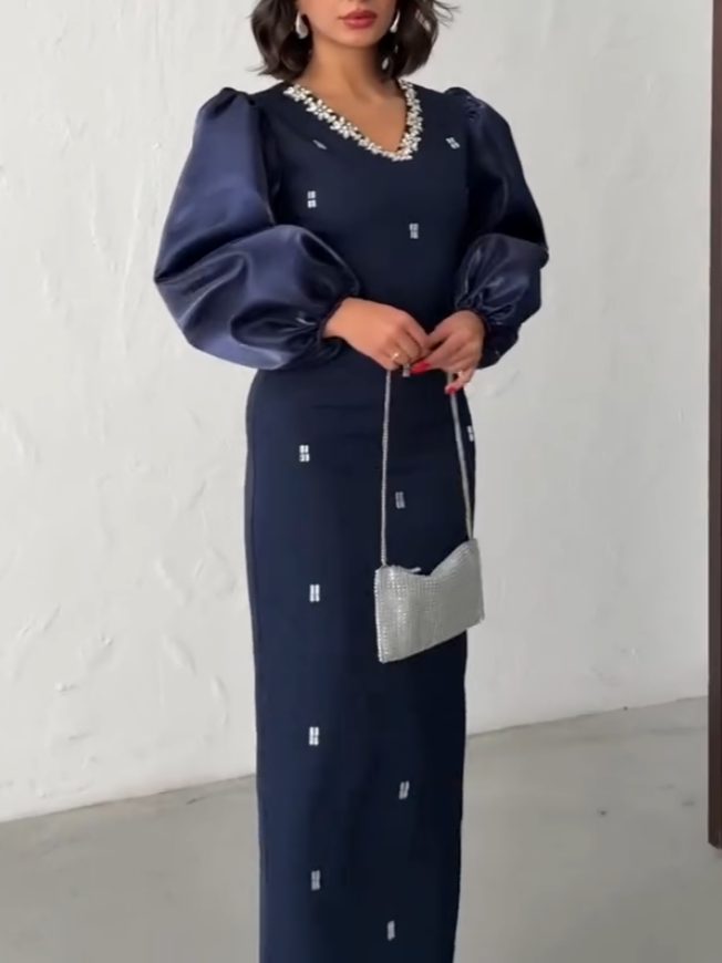 Satin Puff Sleeve V-Neck Dress