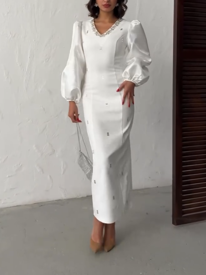 Satin Puff Sleeve V-Neck Dress