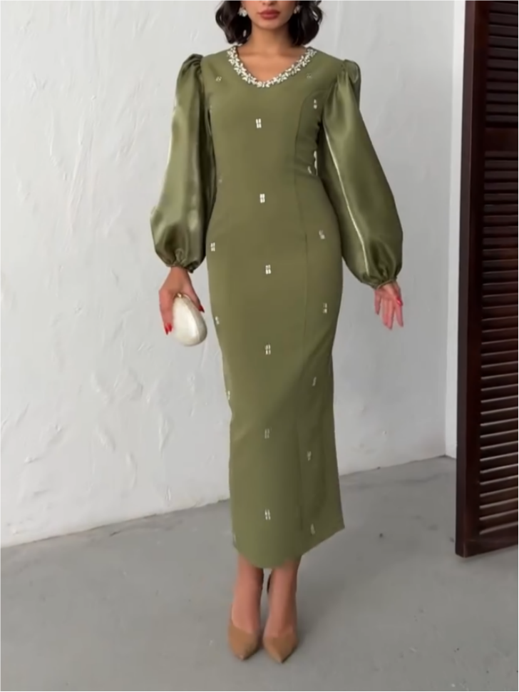 Satin Puff Sleeve V-Neck Dress