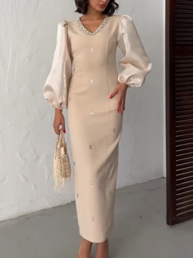 Satin Puff Sleeve V-Neck Dress