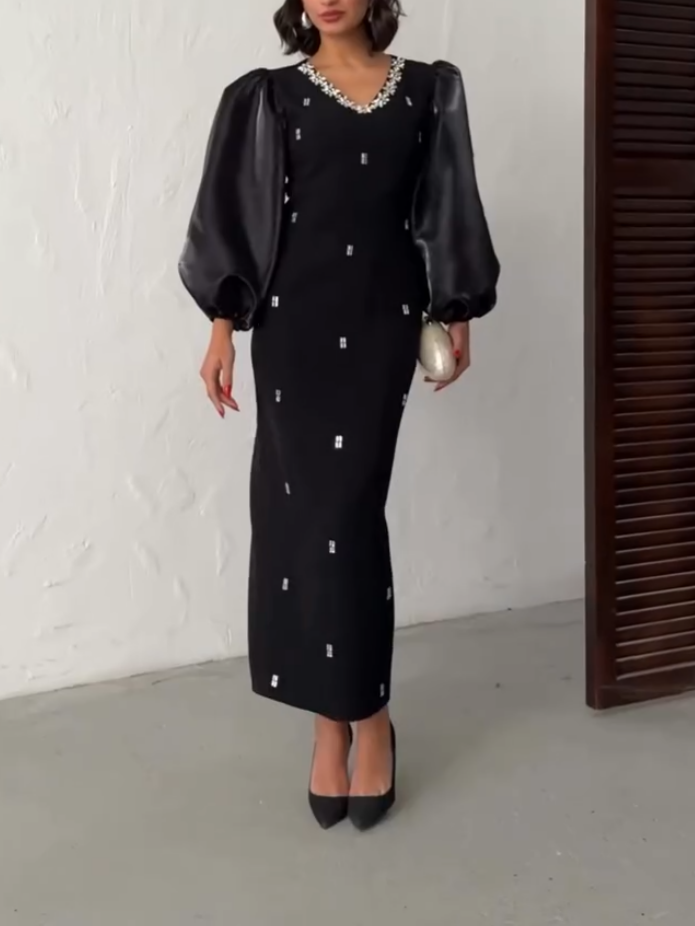 Satin Puff Sleeve V-Neck Dress