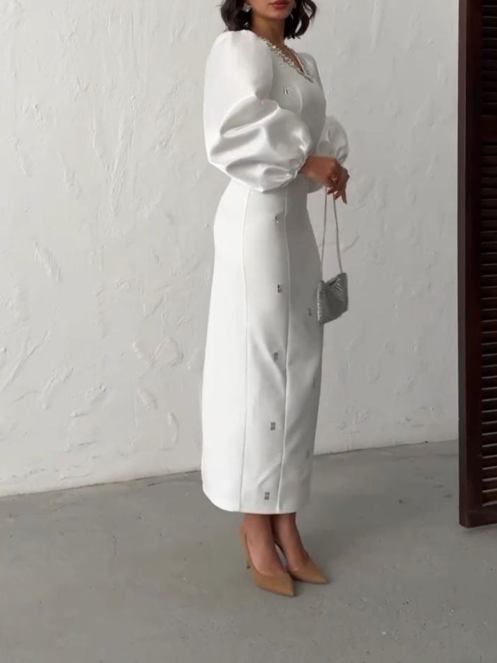 Satin Puff Sleeve V-Neck Dress