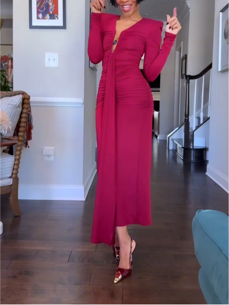 Elegant Burgundy Deep V-Neck Sheath Dress