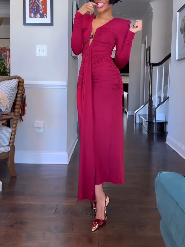 Elegant Burgundy Deep V-Neck Sheath Dress