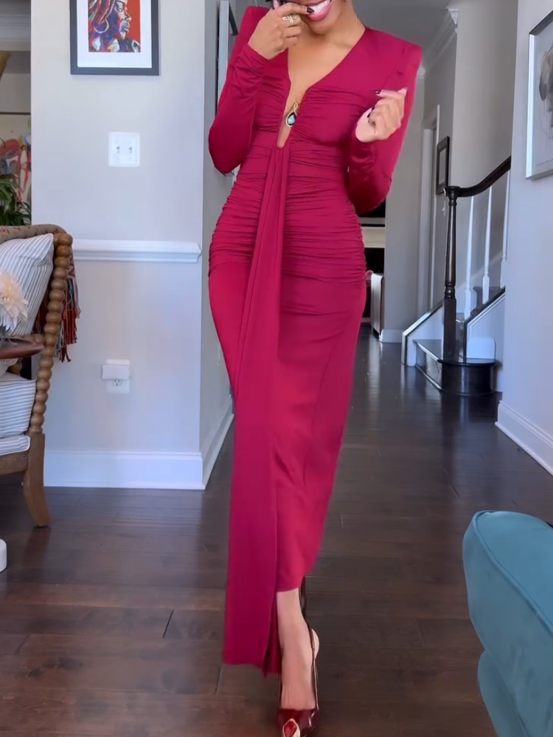 Elegant Burgundy Deep V-Neck Sheath Dress