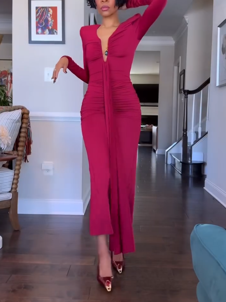 Elegant Burgundy Deep V-Neck Sheath Dress