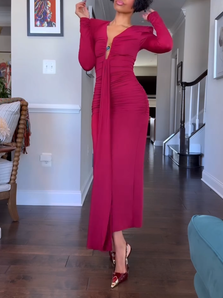 Elegant Burgundy Deep V-Neck Sheath Dress
