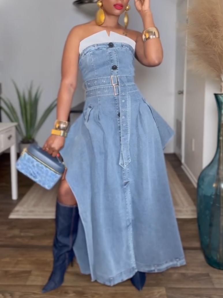 Elegant Sexy Strapless Denim Maxi Dress