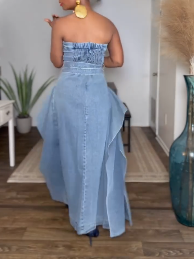 Elegant Sexy Strapless Denim Maxi Dress