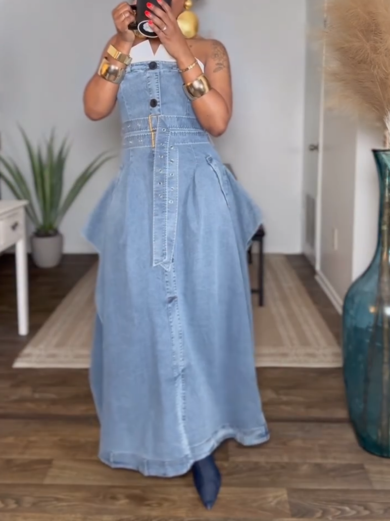 Elegant Sexy Strapless Denim Maxi Dress
