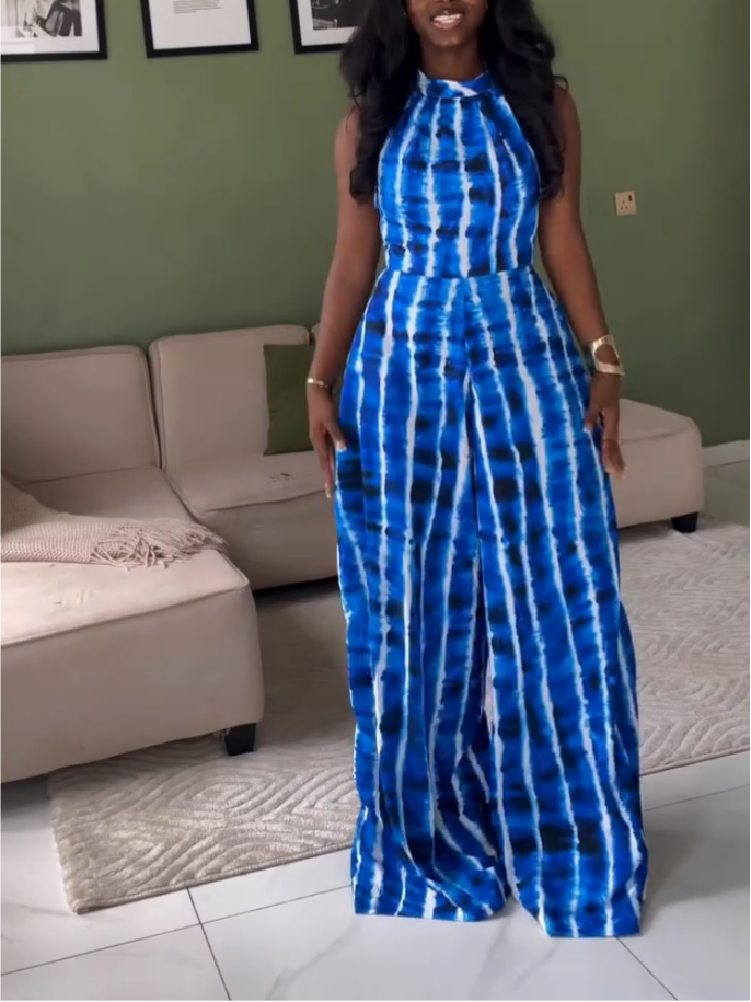 Elegant Blue Printed Sleeveless Jumpsuit