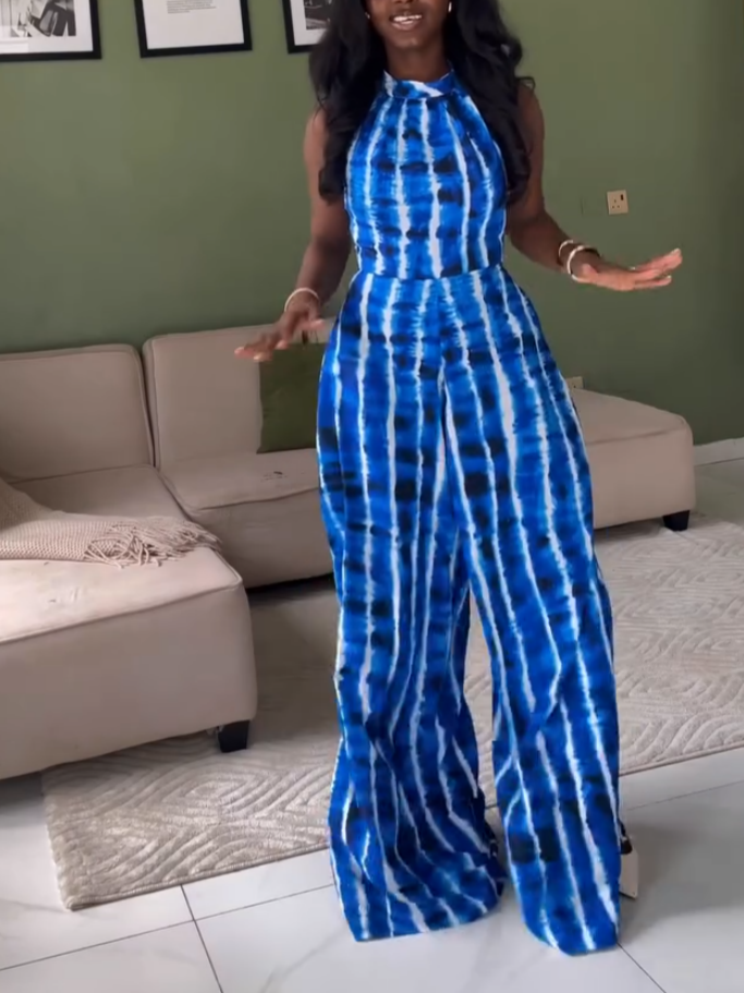 Elegant Blue Printed Sleeveless Jumpsuit