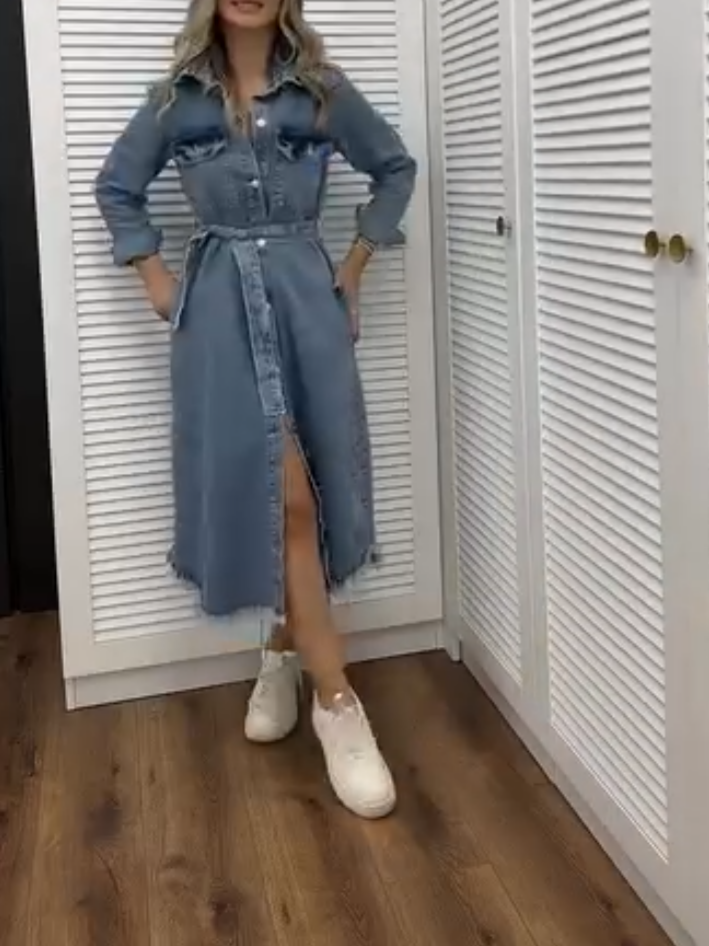 Elegant Denim Shirt Lace-Up Dress