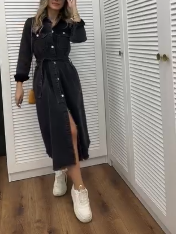 Elegant Denim Shirt Lace-Up Dress
