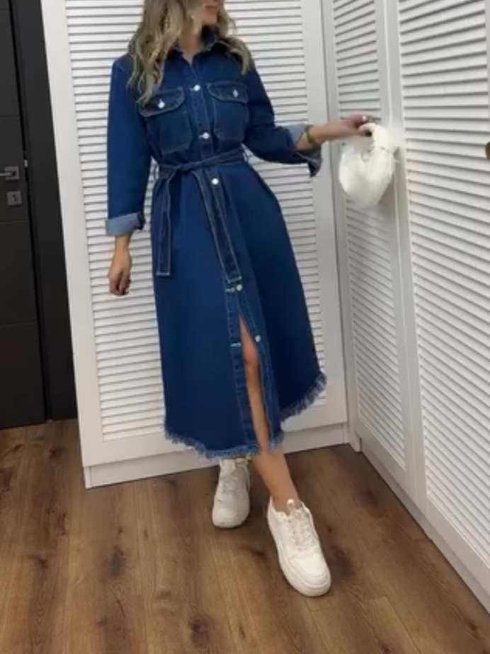 Elegant Denim Shirt Lace-Up Dress