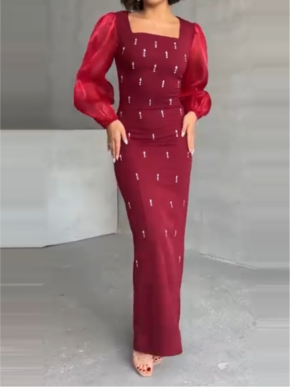 Elegant Bubble Long Sleeve Diamond Embellished Dress