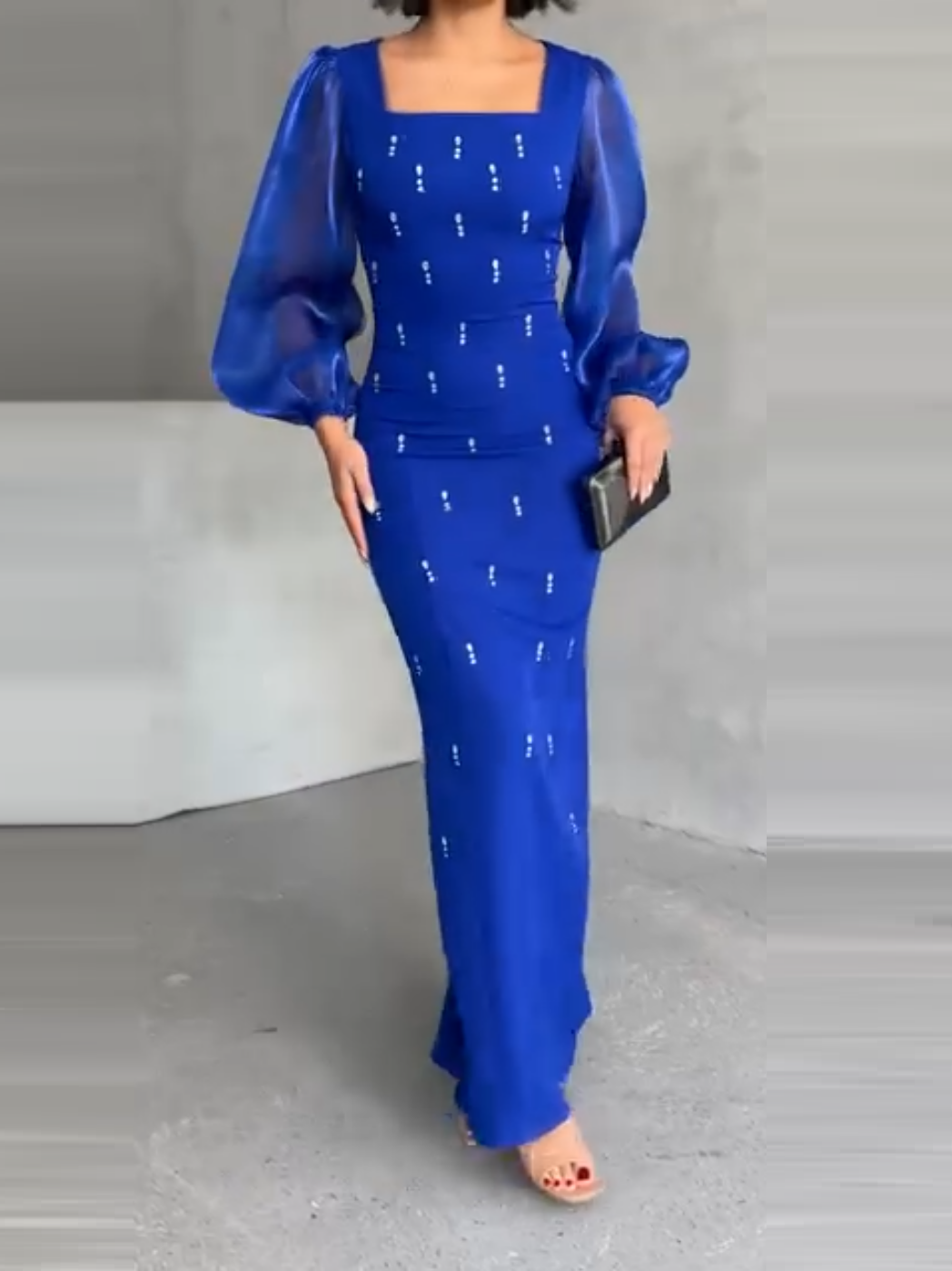 Elegant Bubble Long Sleeve Diamond Embellished Dress