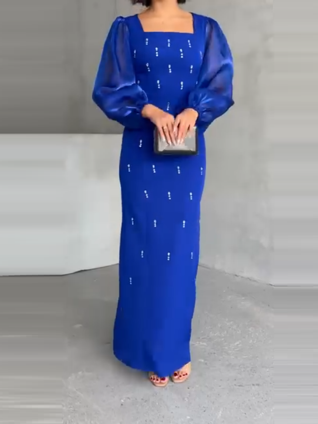 Elegant Bubble Long Sleeve Diamond Embellished Dress