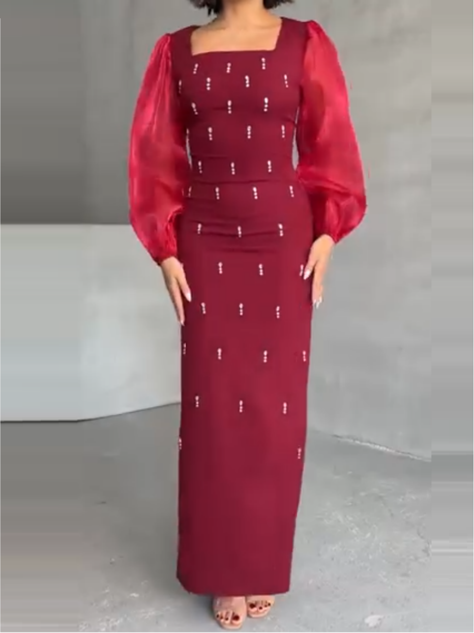 Elegant Bubble Long Sleeve Diamond Embellished Dress