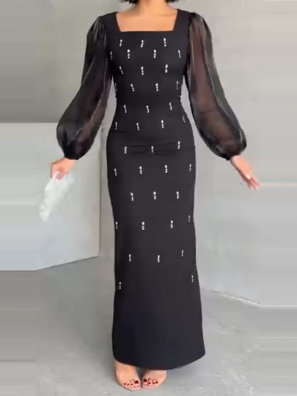 Elegant Bubble Long Sleeve Diamond Embellished Dress