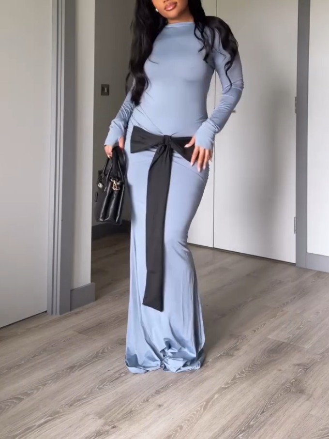 Sexy Blue Skinny Bow Dress