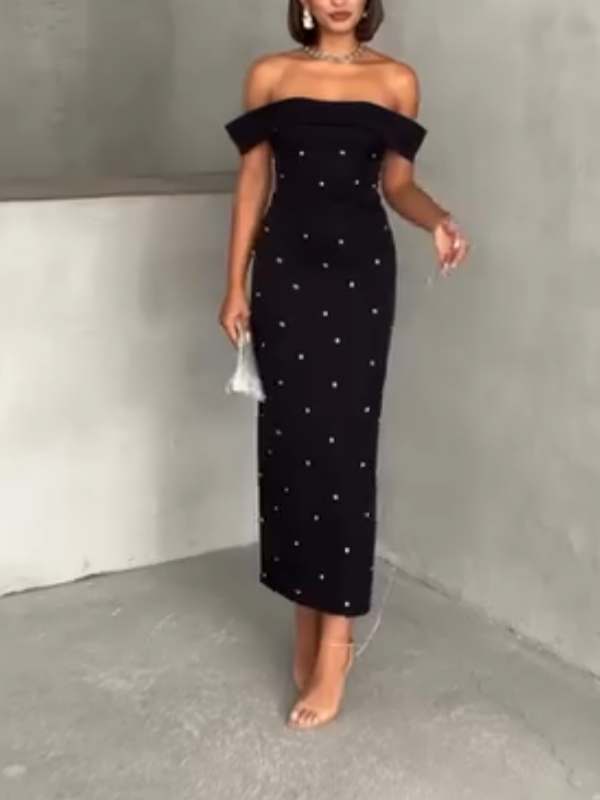 Elegant Off-shoulder Pearl-embellished Dress