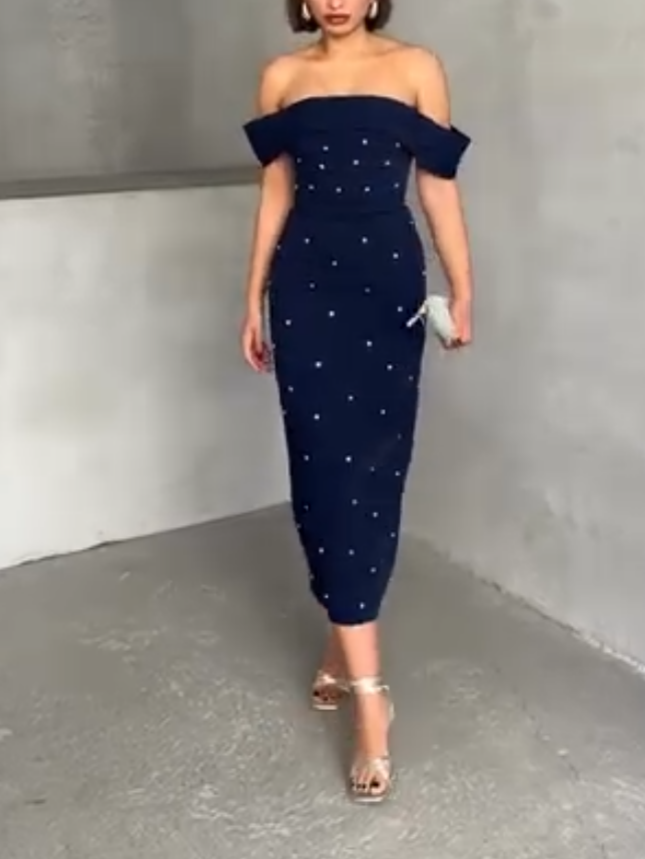 Elegant Off-shoulder Pearl-embellished Dress