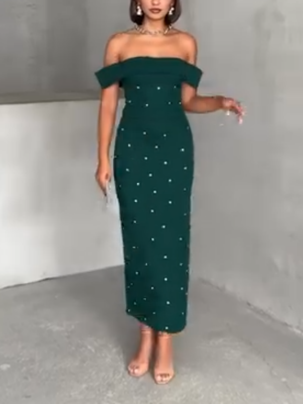 Elegant Off-shoulder Pearl-embellished Dress