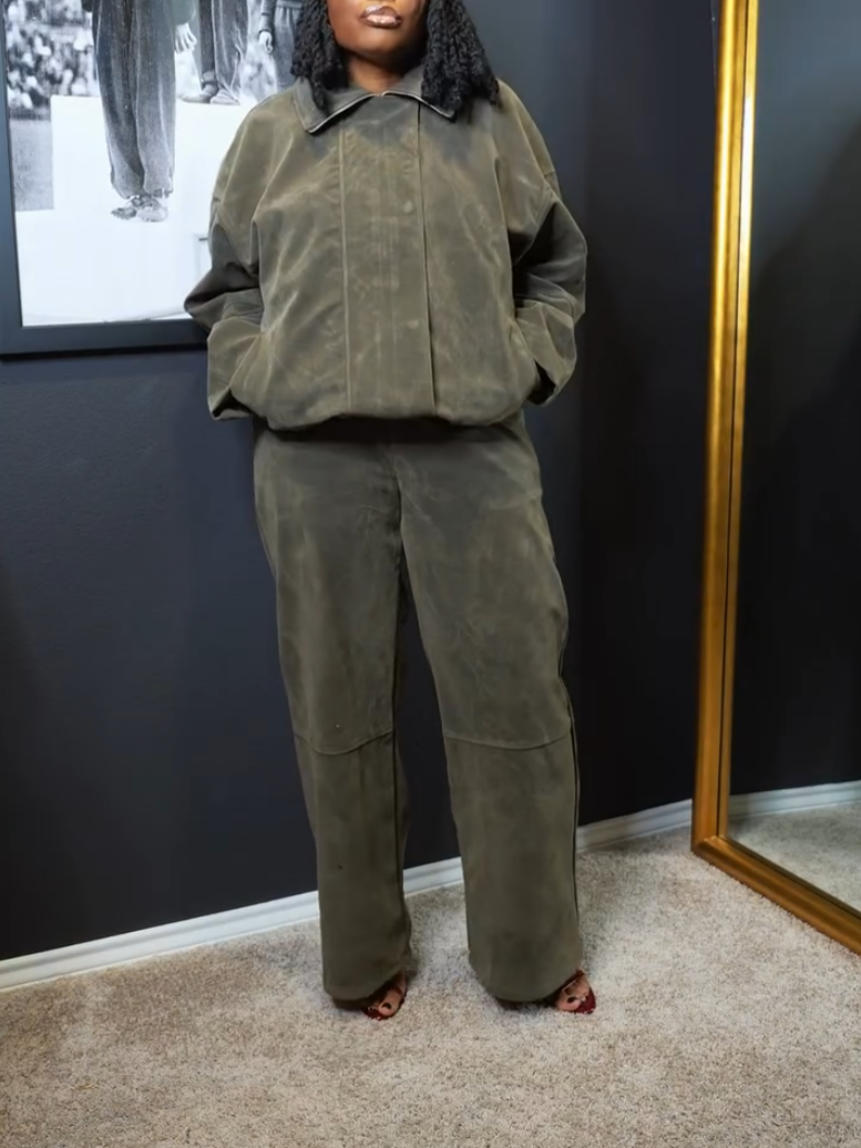 Casual Green Suede Two-Piece Set