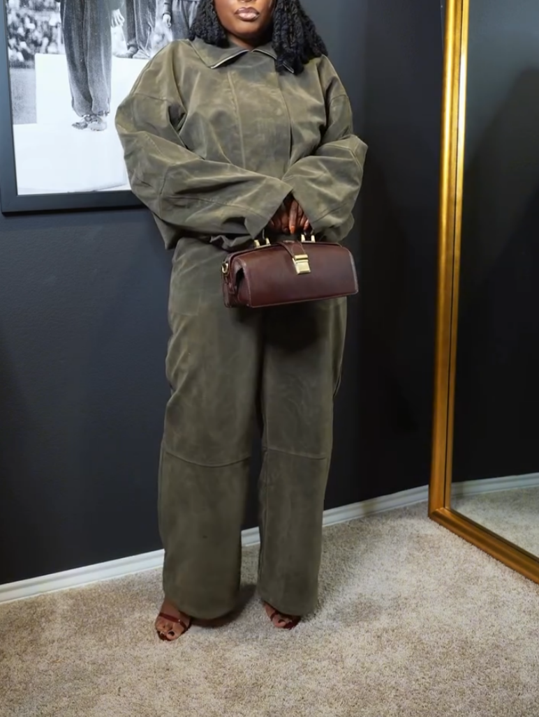 Casual Green Suede Two-Piece Set