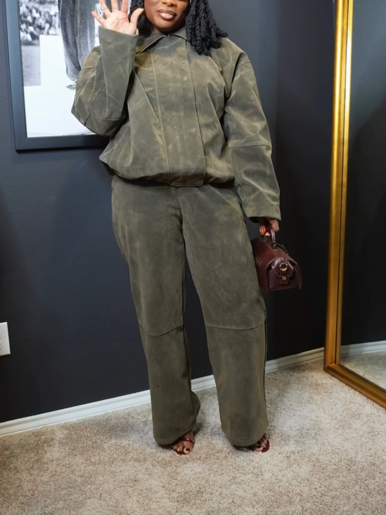 Casual Green Suede Two-Piece Set