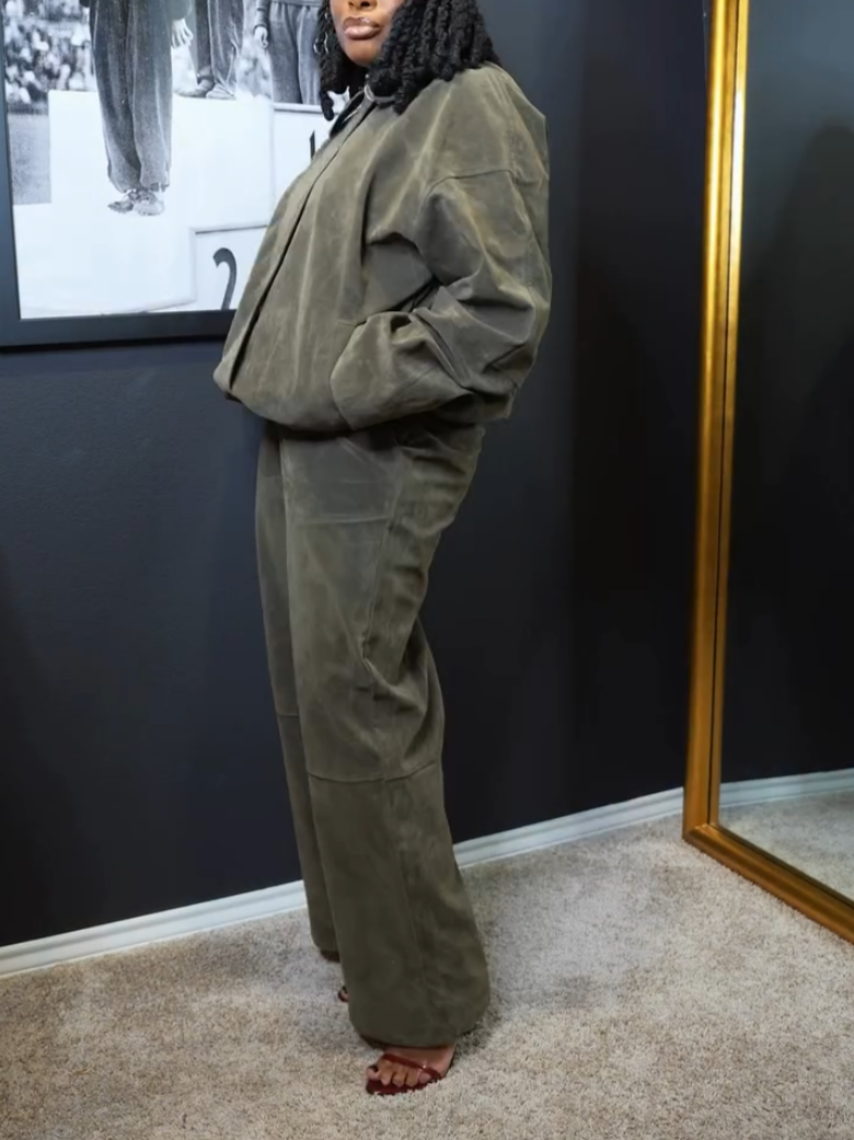 Casual Green Suede Two-Piece Set