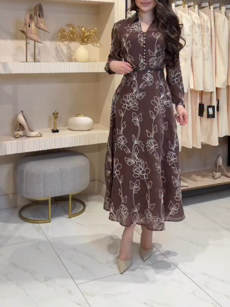 Brown Floral Print Long Sleeve Dress