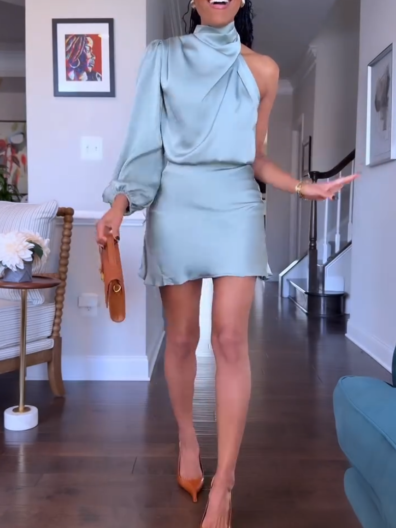 Elegant Baby Blue Single Sleeve Mini Dress