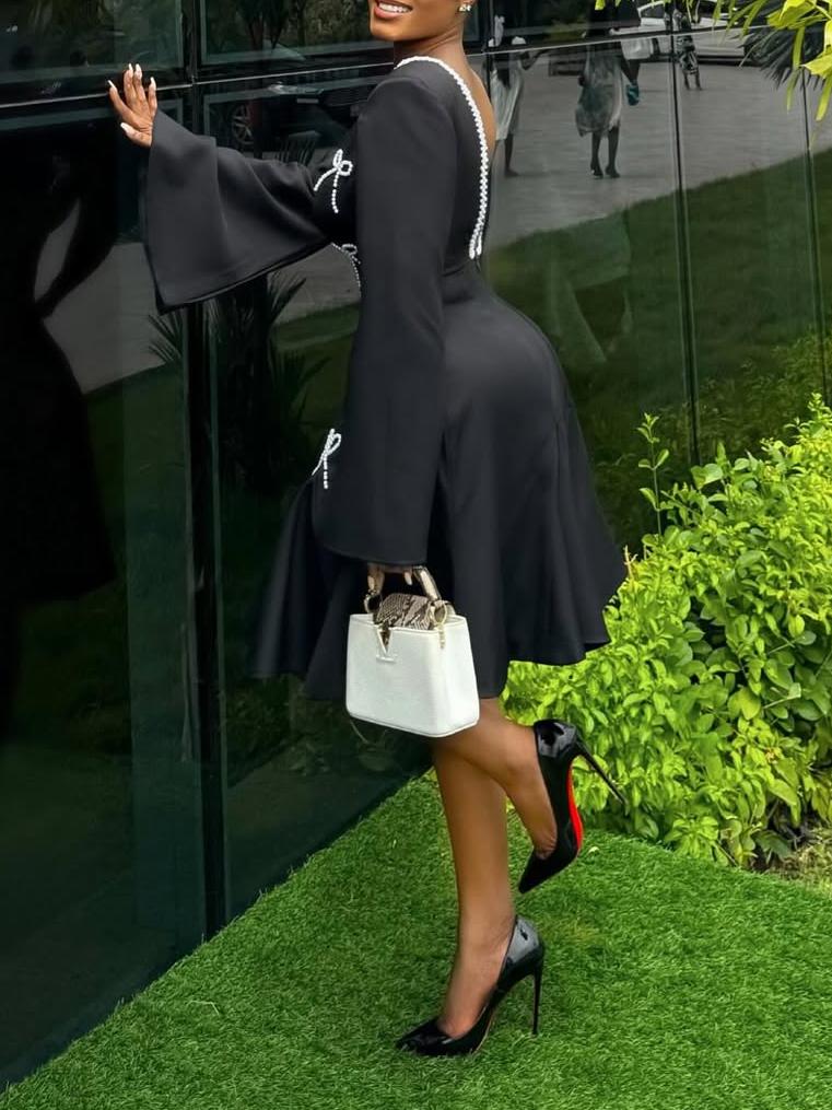 Elegant Pearl Bow Embellished Midi Dress