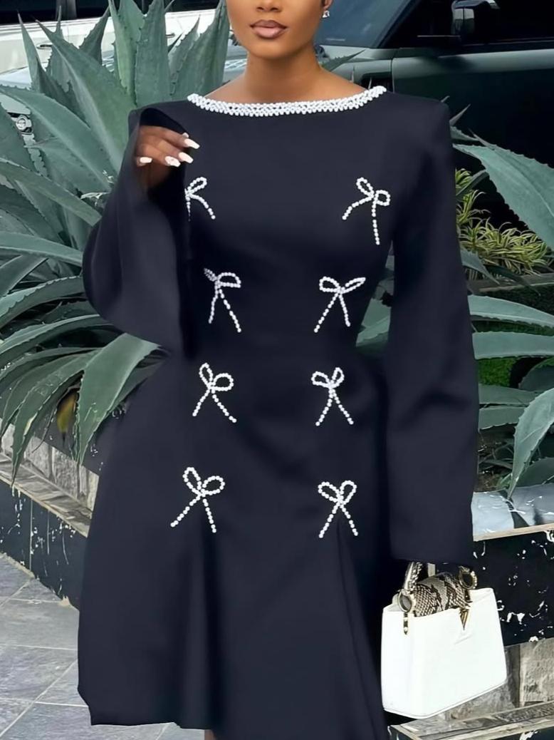 Elegant Pearl Bow Embellished Midi Dress