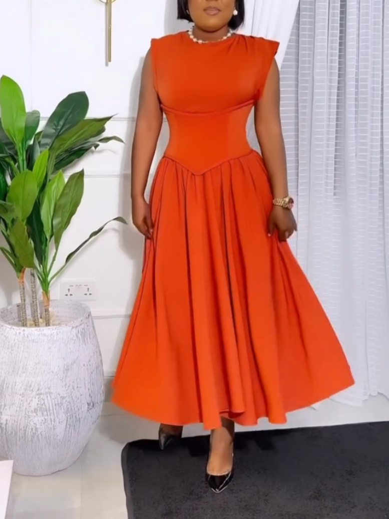 Elegant Orange Tight-Waisted Maxi Dress