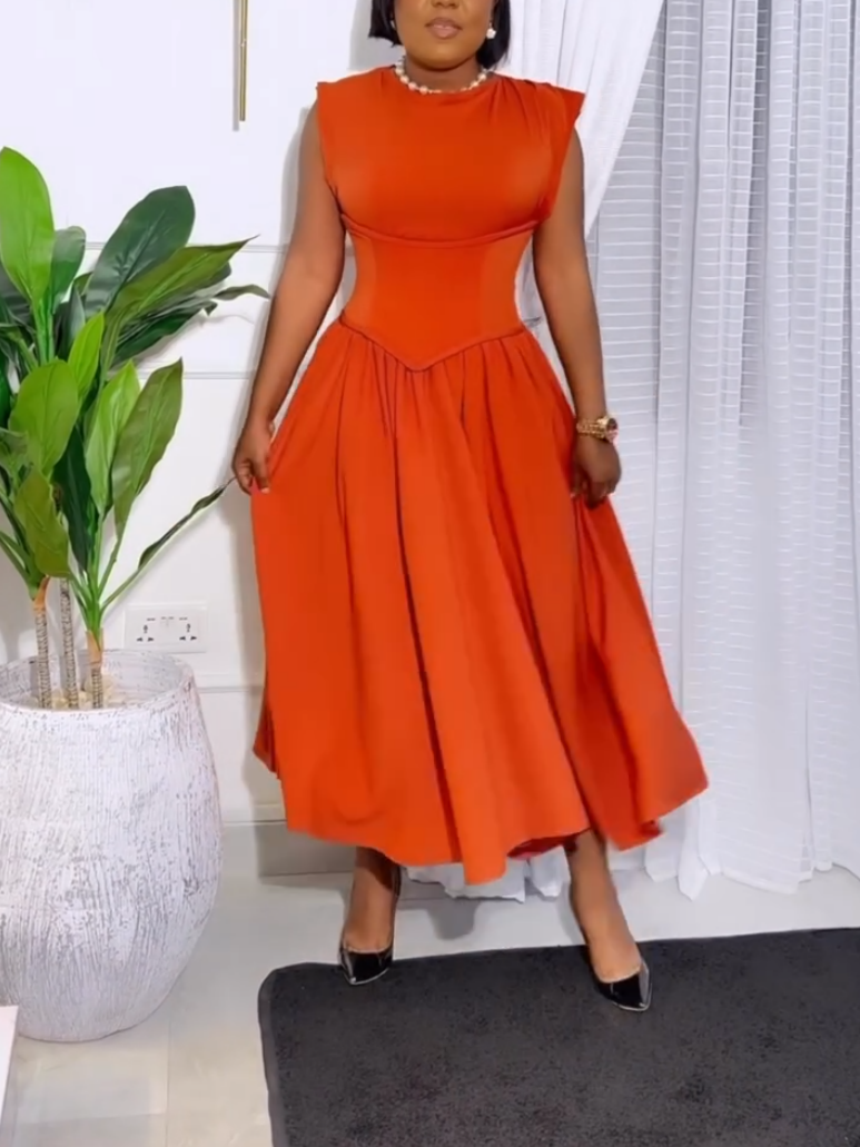 Elegant Orange Tight-Waisted Maxi Dress