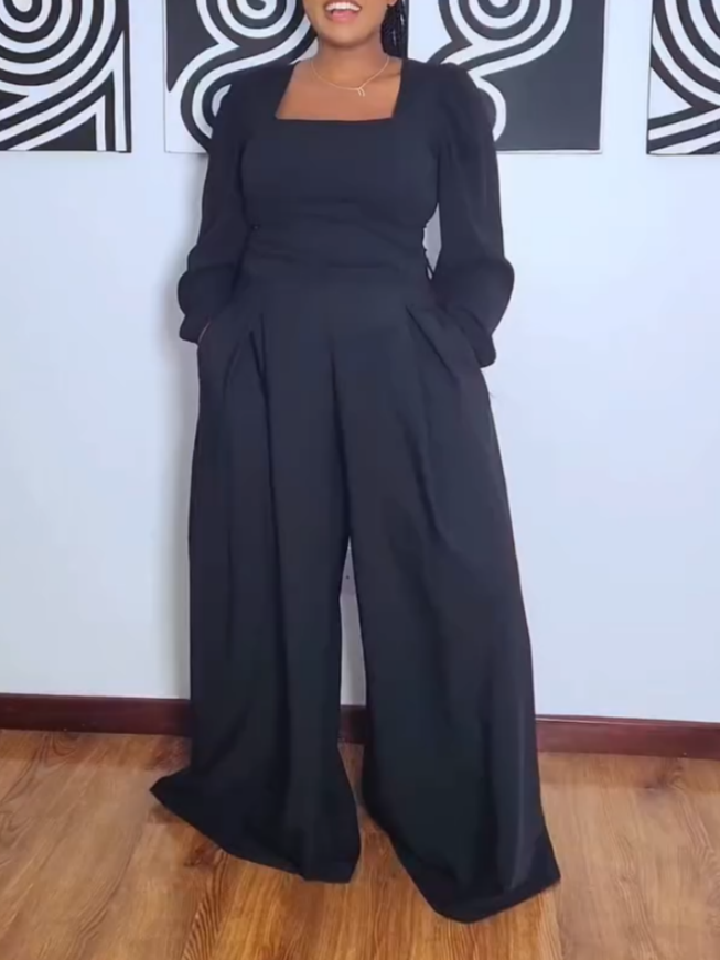 Casual Black Square Collar Long Sleeve Jumpsuit
