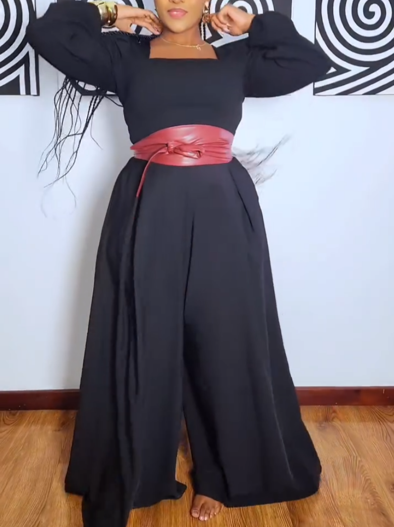 Casual Black Square Collar Long Sleeve Jumpsuit