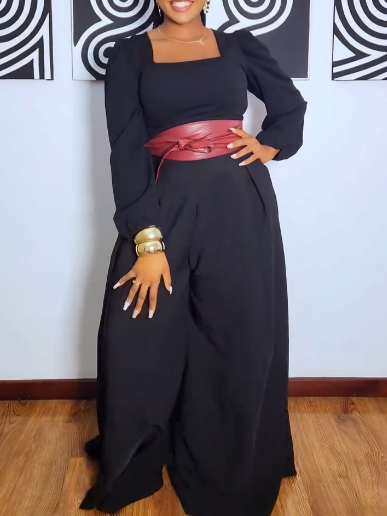 Casual Black Square Collar Long Sleeve Jumpsuit