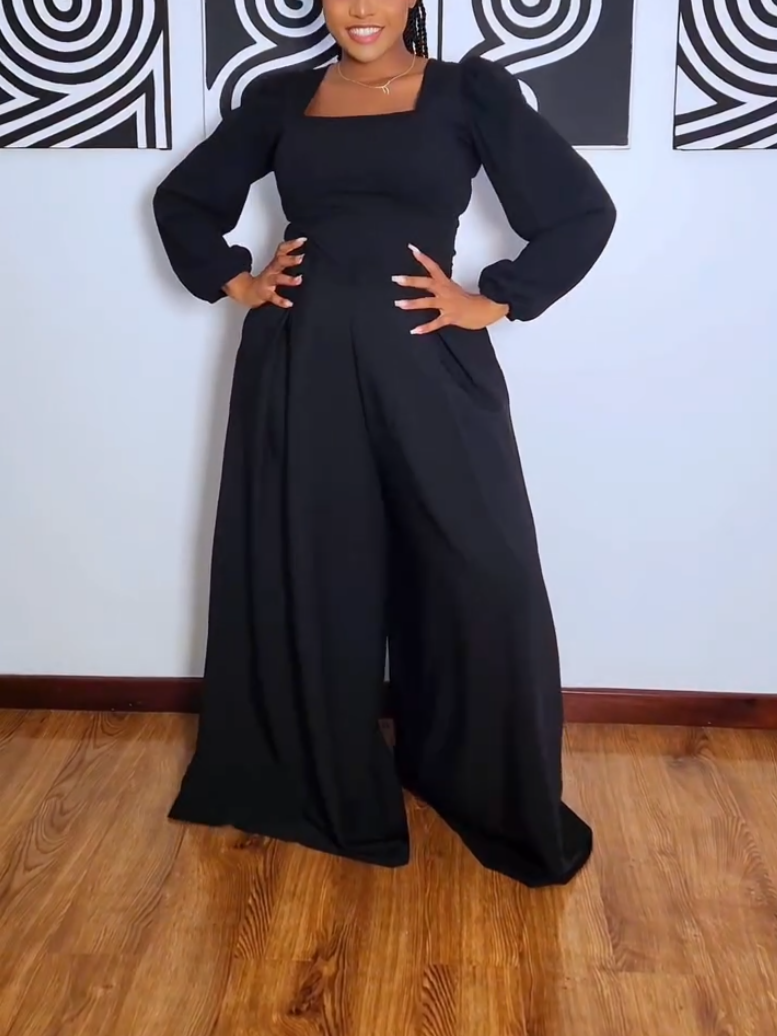 Casual Black Square Collar Long Sleeve Jumpsuit