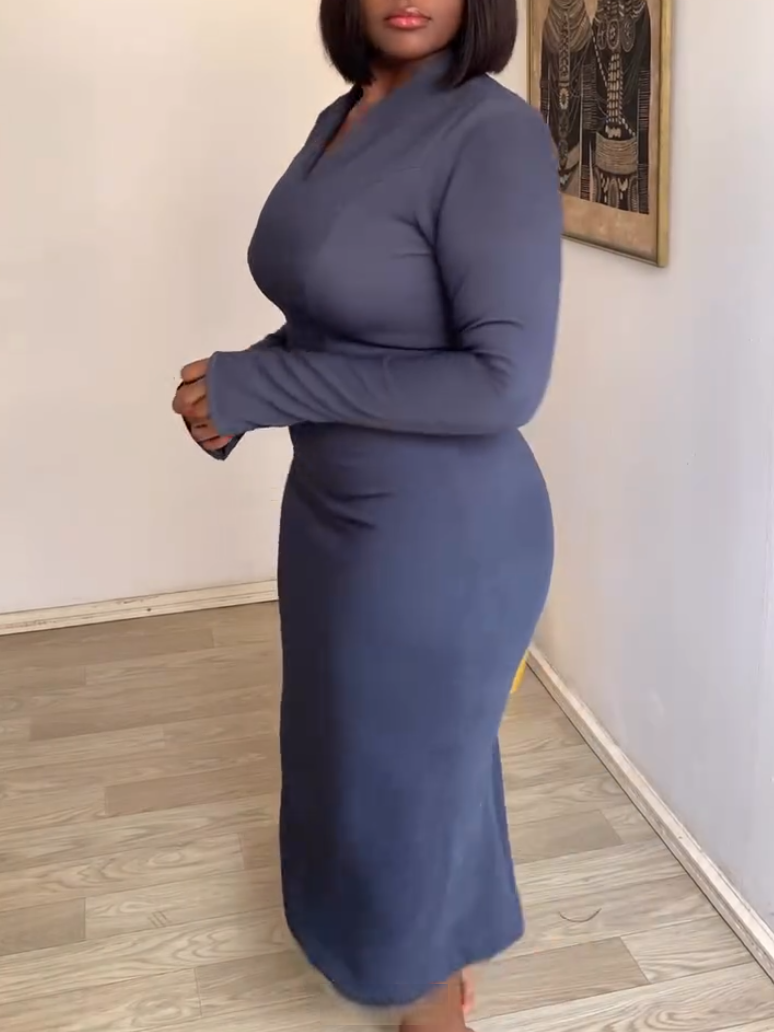 Casual Navy Blue V-Neck Sheath Dress