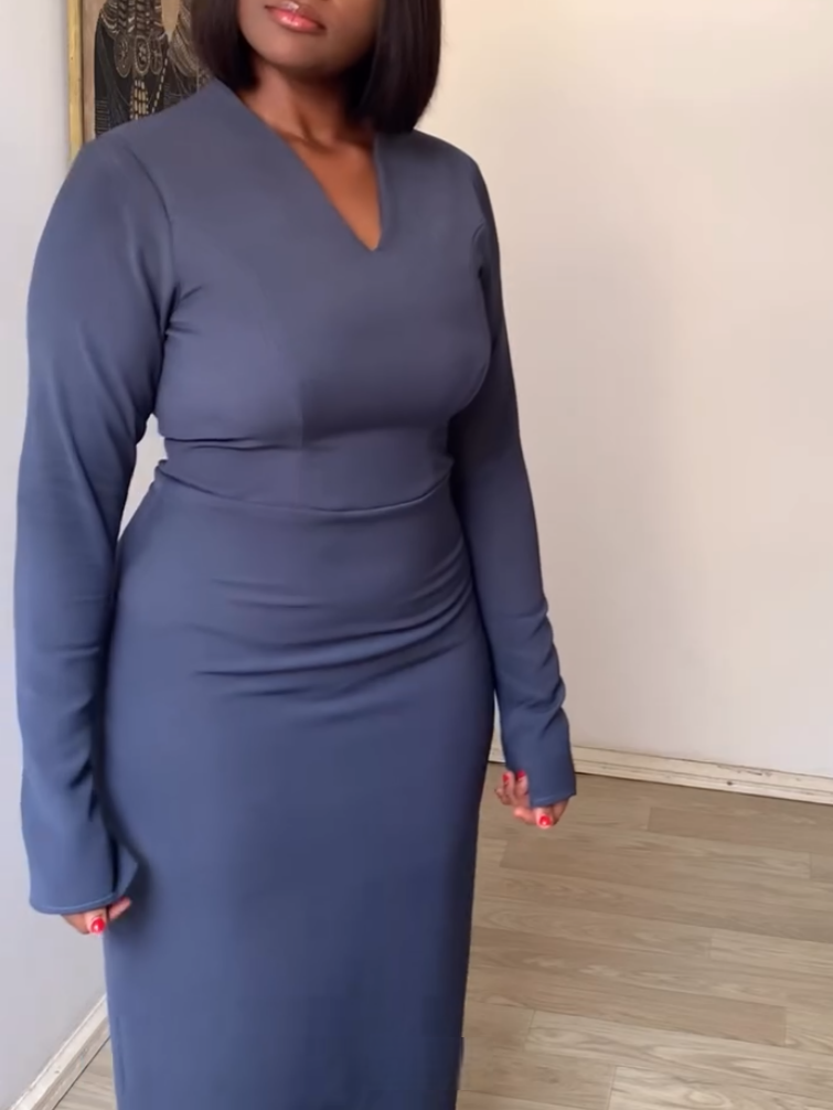 Casual Navy Blue V-Neck Sheath Dress