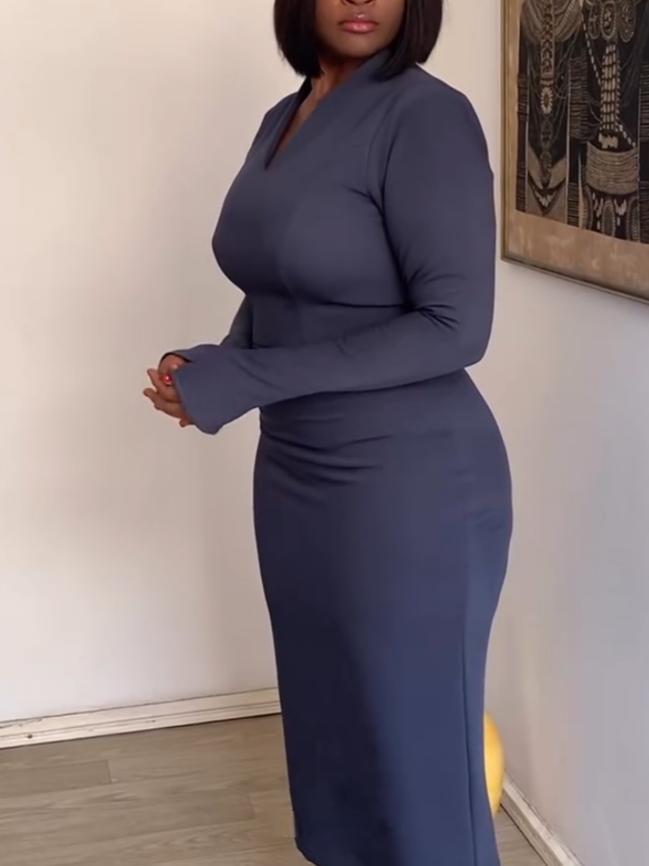 Casual Navy Blue V-Neck Sheath Dress