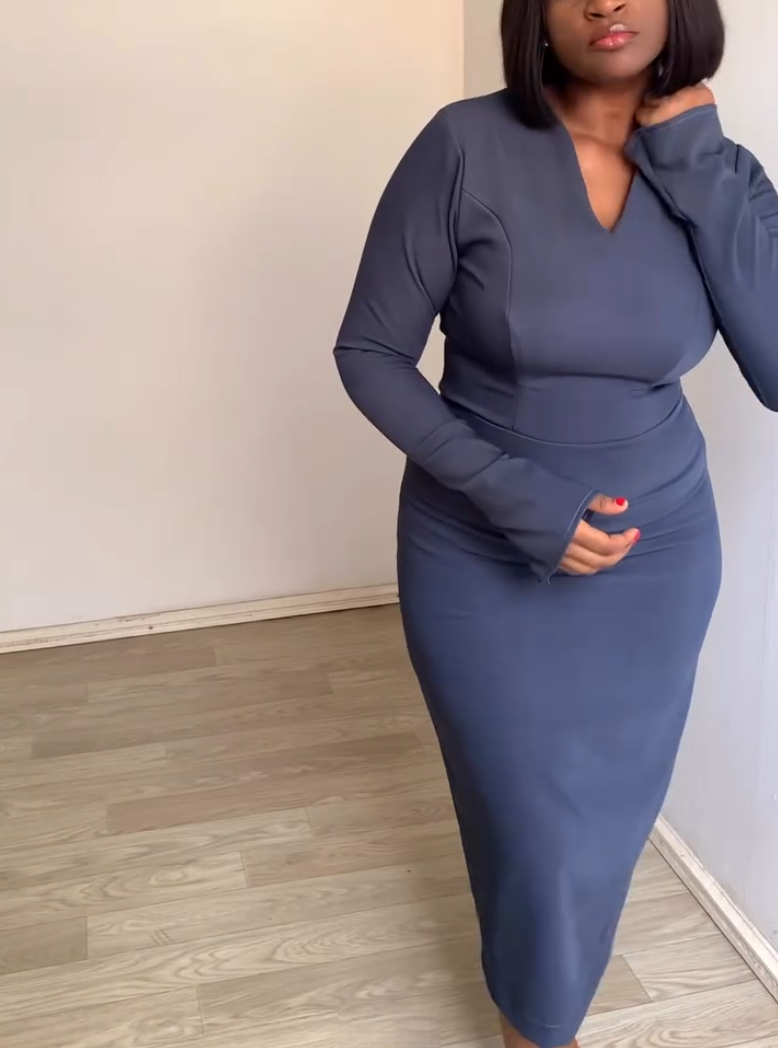 Casual Navy Blue V-Neck Sheath Dress