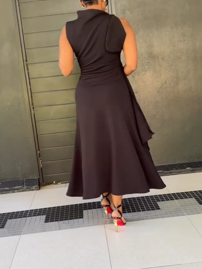 Elegant Black Ruffled Midi Dress