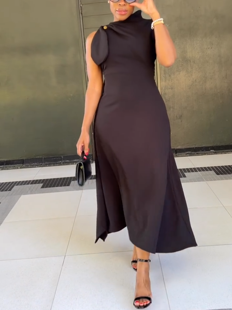 Elegant Black Ruffled Midi Dress