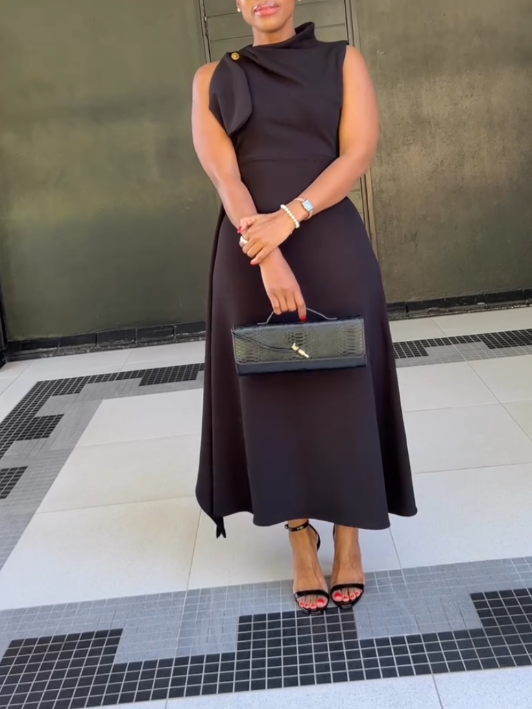 Elegant Black Ruffled Midi Dress