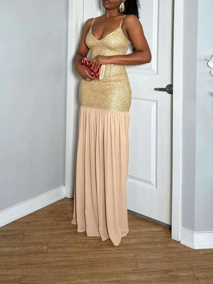 Stunning Champagne Pleated Maxi Dress